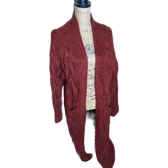 Zara Duster Cardigan Sweater Burgundy Size M Cable Knit Open Front Wool Mohair - Picture 1 of 7